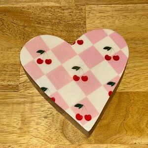 C&C CALIFORNIA Wood Heart Decor. Pink Checkerboard & Red Cherry Accents. NWTS